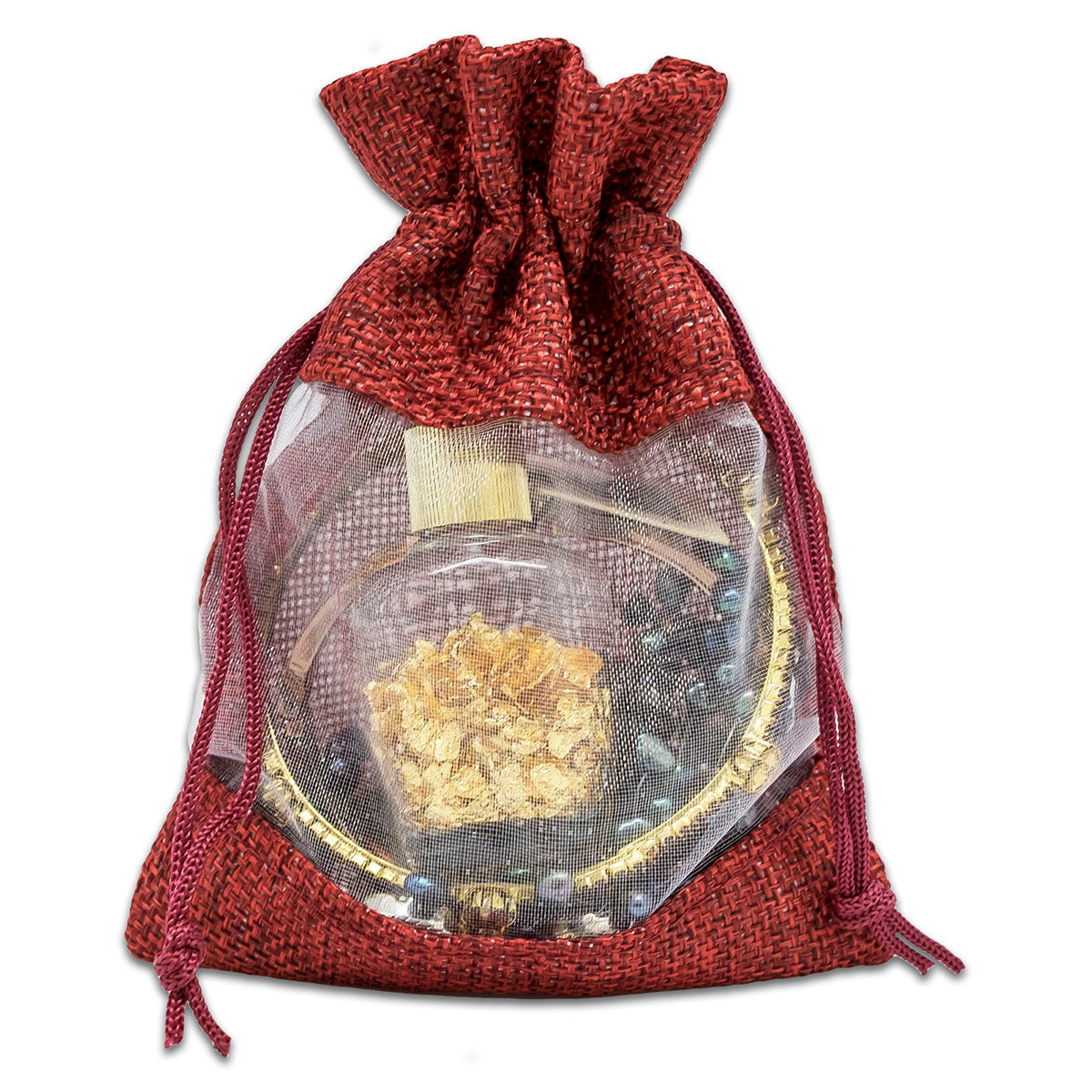 4" x 5" Linen Burlap and Sheer Organza Maroon Gift Bag
