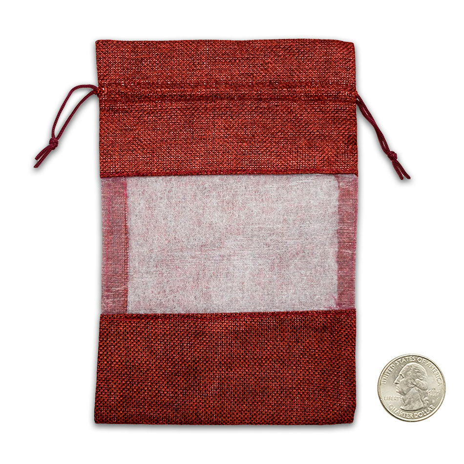 4" x 5" Linen Burlap and Sheer Organza Maroon Gift Bag