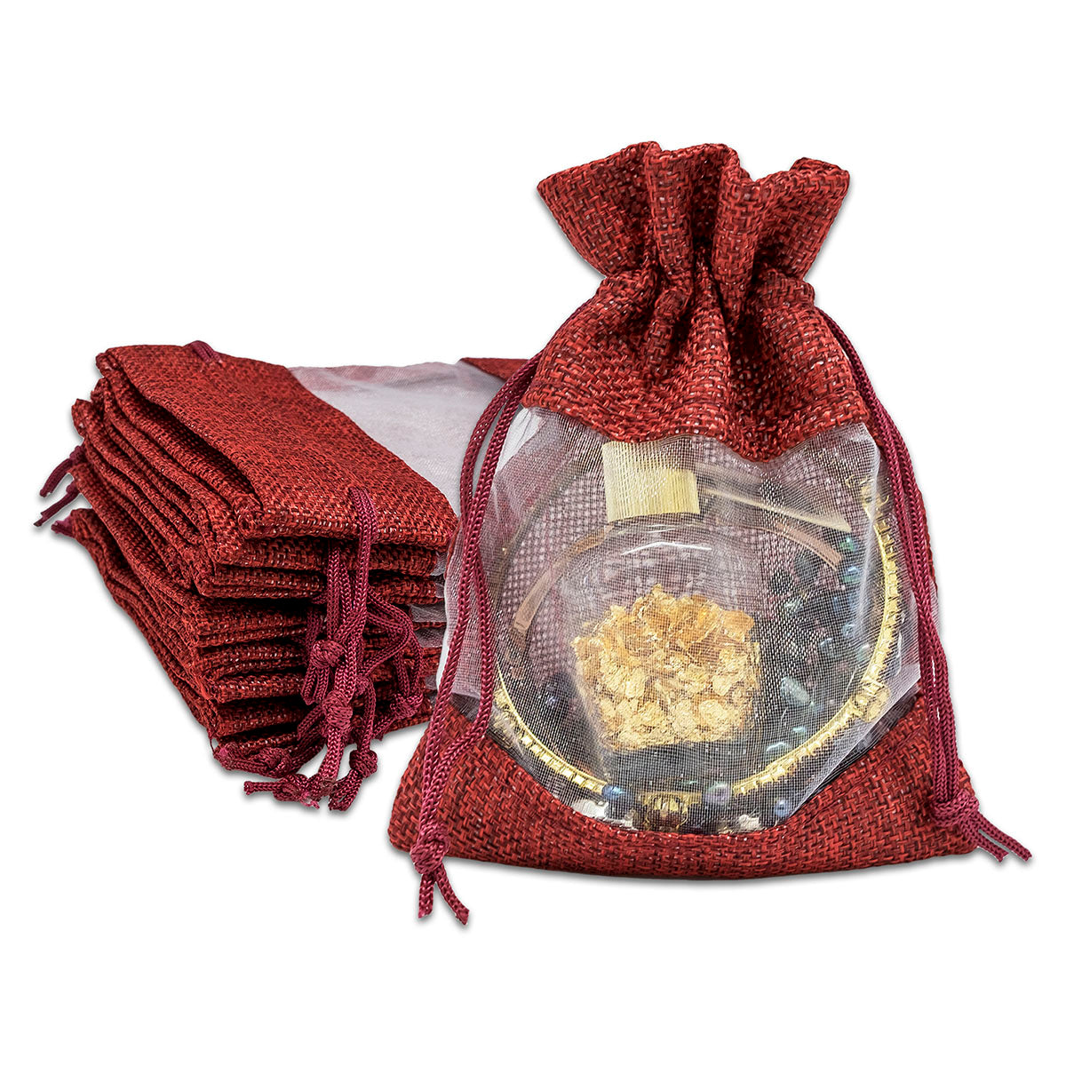 4" x 5" Linen Burlap and Sheer Organza Maroon Gift Bag