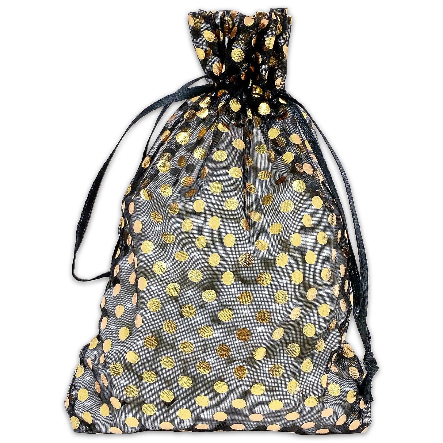 Black with Gold Polka Dot Organza Drawstring Pouch Gift Bags