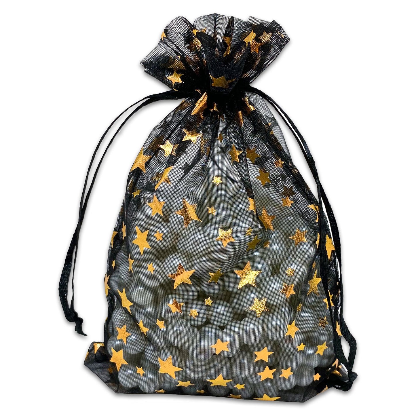 Black with Gold Star Organza Drawstring Pouch Gift Bags