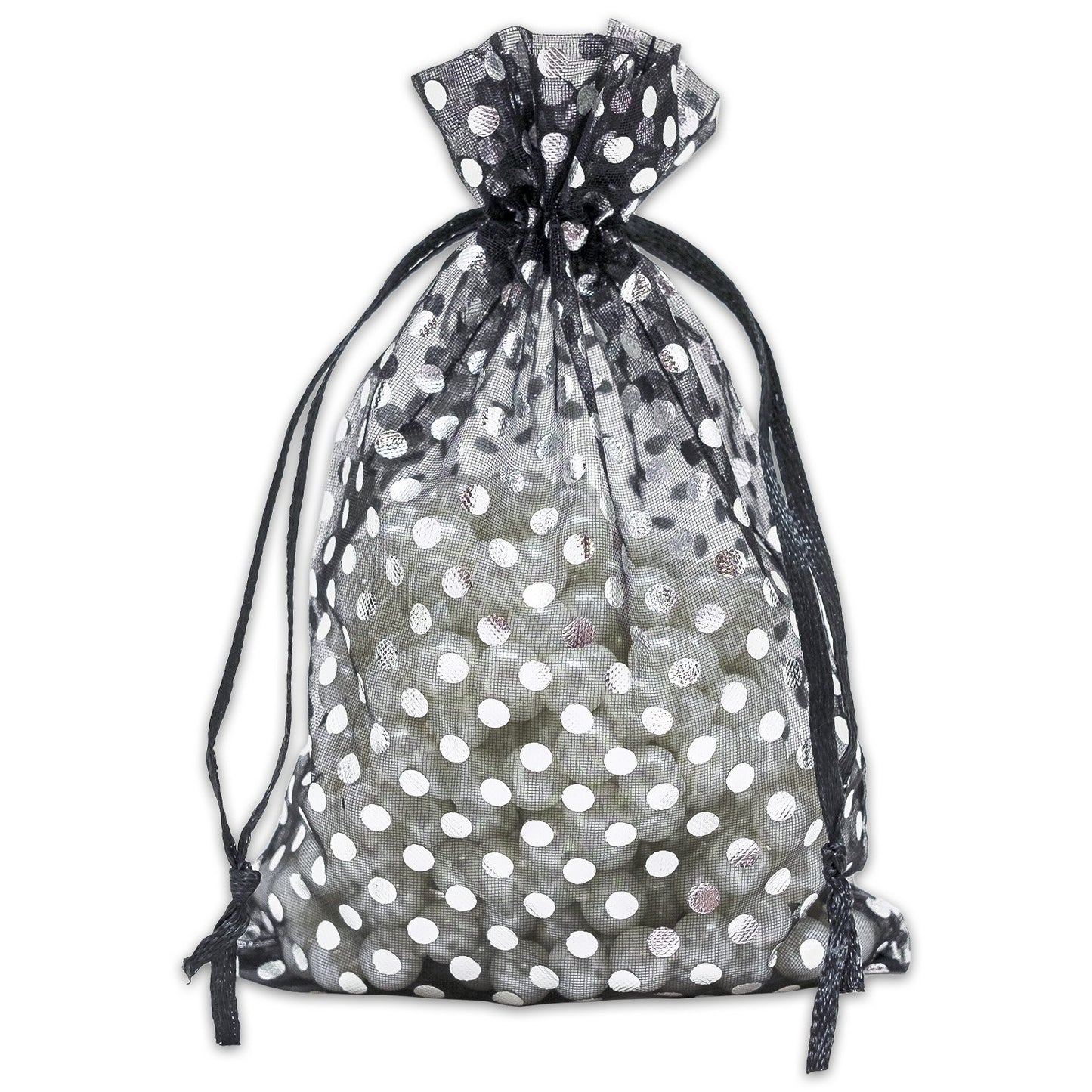 Black with Silver Polka Dot Organza Drawstring Pouch Gift Bags