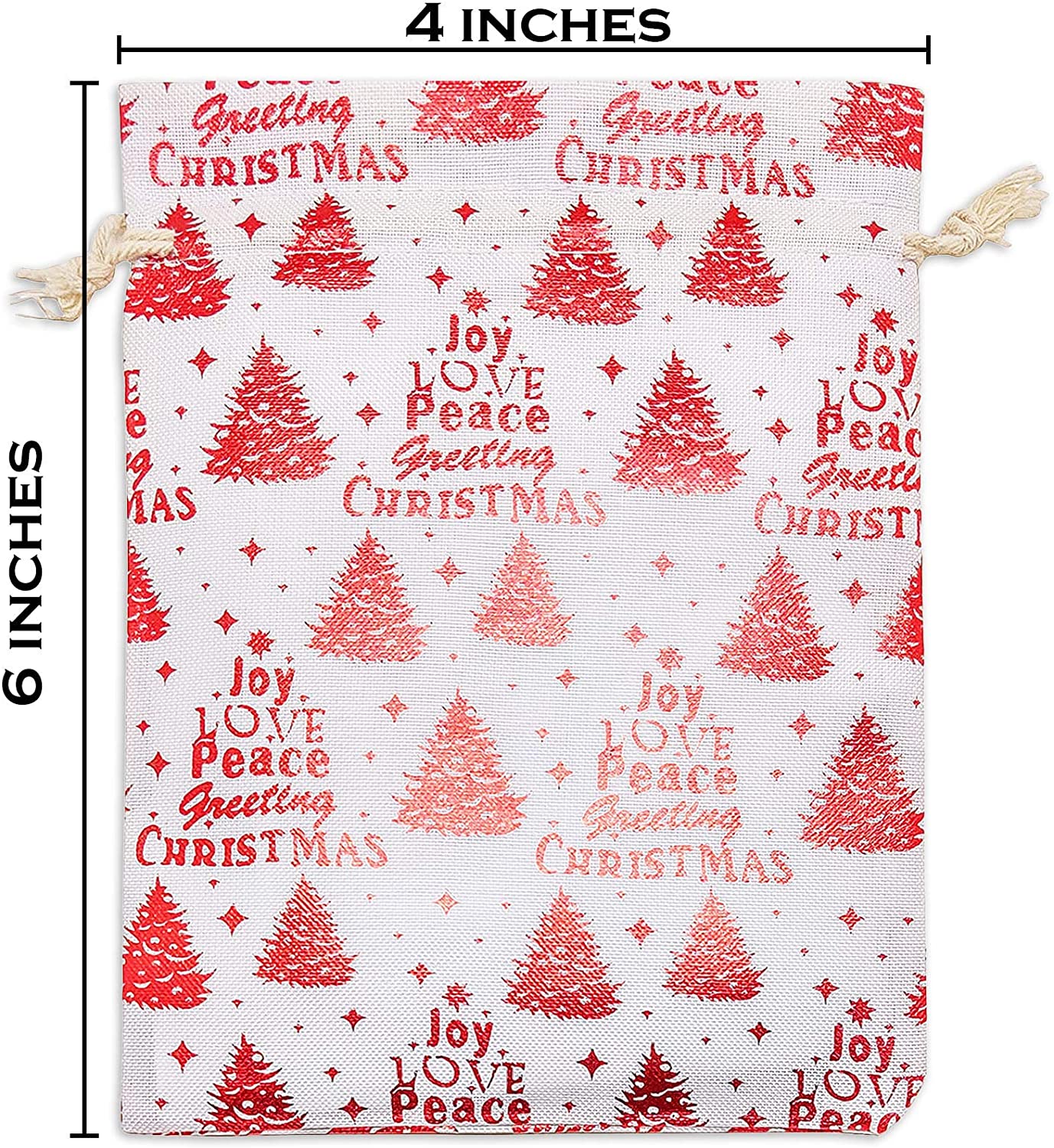 4" x 6" Cotton Muslin Red Christmas Tree Drawstring Gift Bags
