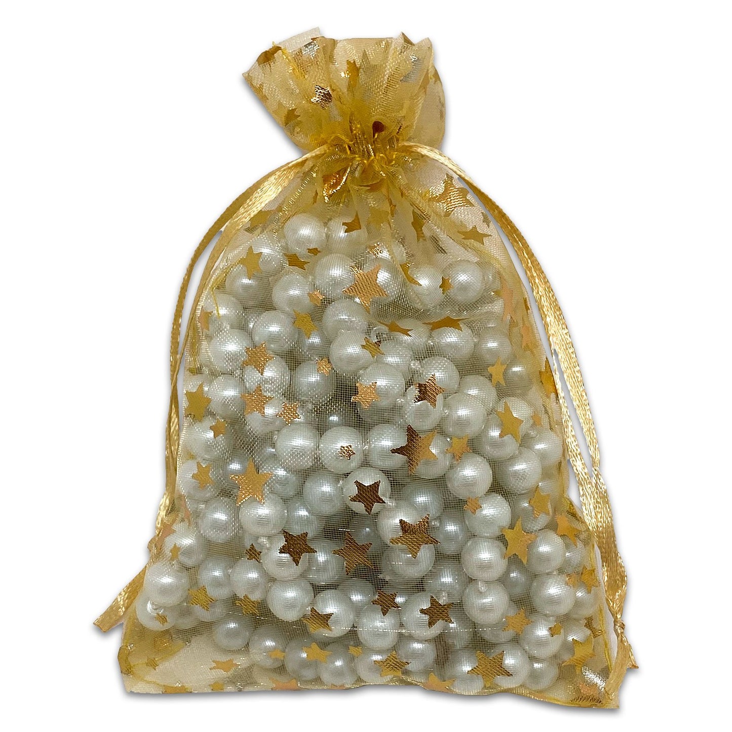 Gold with Gold Star Organza Drawstring Pouch Gift Bags