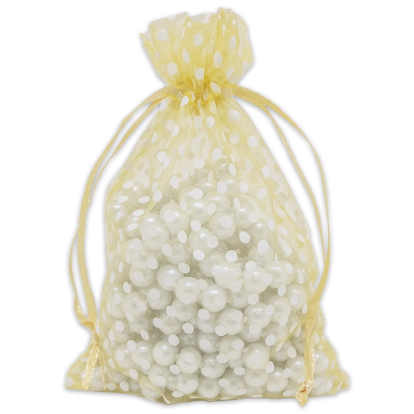 Gold with White Polka Dot Organza Drawstring Pouch Gift Bags