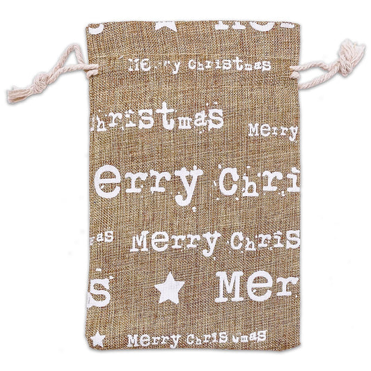 4" x 6" Jute Burlap White Merry Christmas Drawstring Gift Bags