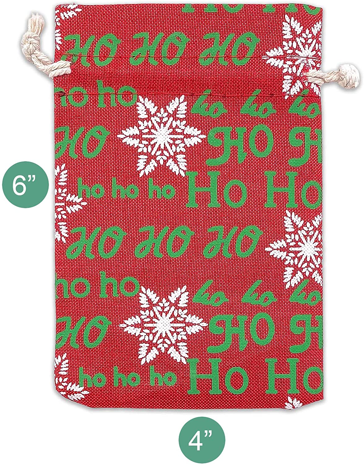 4" x 6" Jute Burlap Red Christmas Ho Ho Ho Drawstring Gift Bags