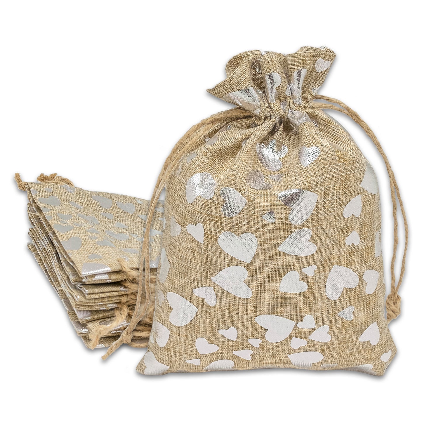 4" x 6" Jute Burlap Silver Heart Drawstring Gift Bags