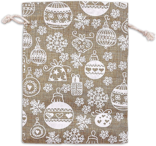 4" x 6" Jute Burlap White Christmas Ornament Drawstring Gift Bags