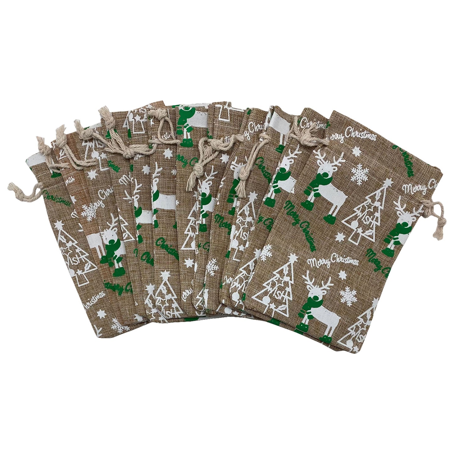 4" x 6" Jute Burlap White Reindeer Christmas Drawstring Gift Bags