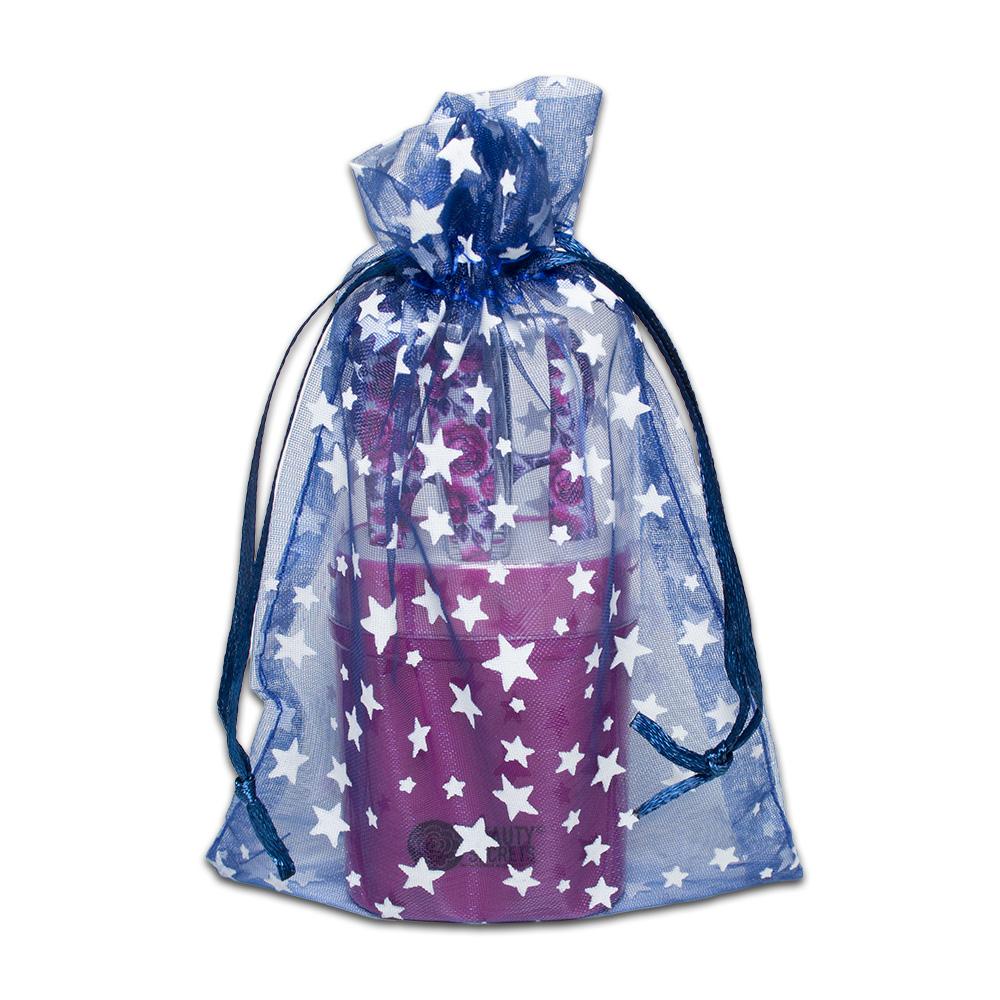 Navy with White Star Organza Drawstring Pouch Gift Bags