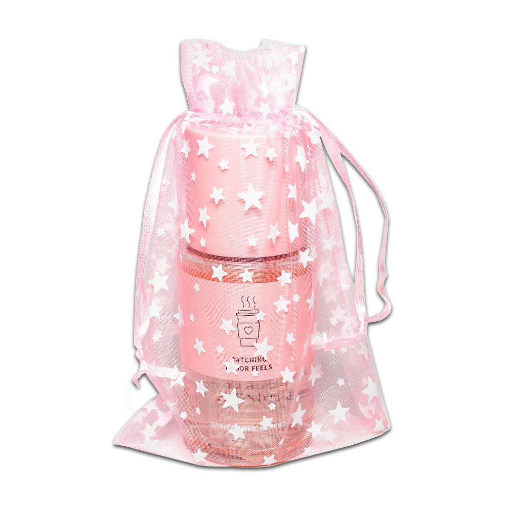 Pink with White Star Organza Drawstring Pouch Gift Bags
