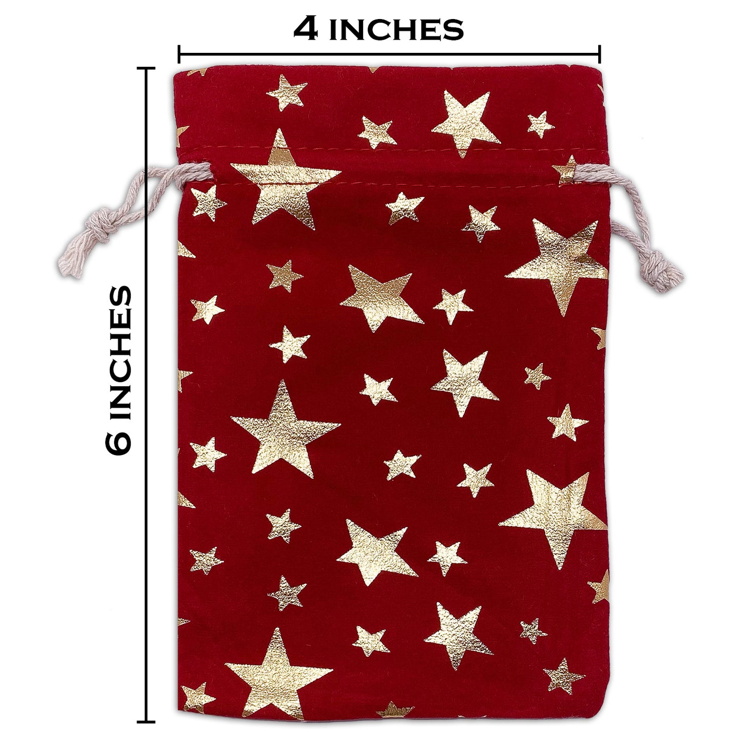 4" x 6" Red Velvet Gold Star Drawstring Gift Bags