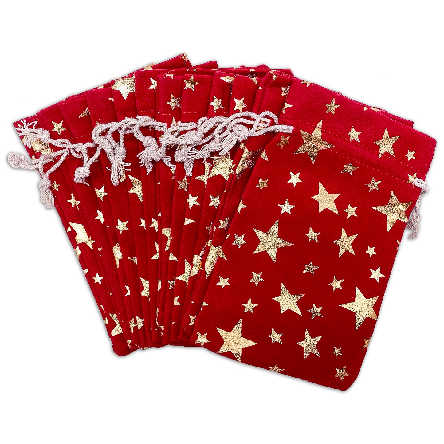 4" x 6" Red Velvet Gold Star Drawstring Gift Bags