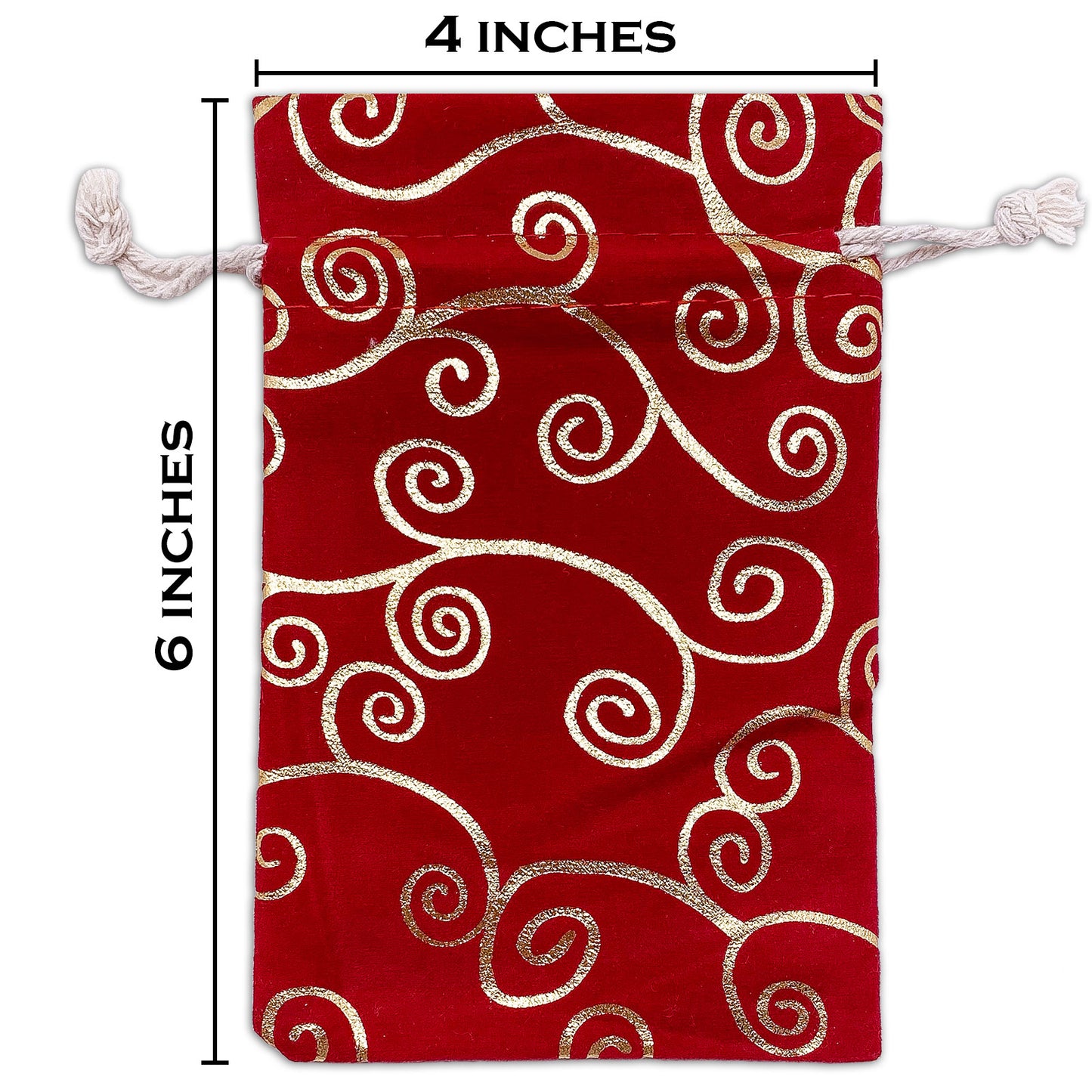 4" x 6" Red Velvet Gold Swirl Drawstring Gift Bags
