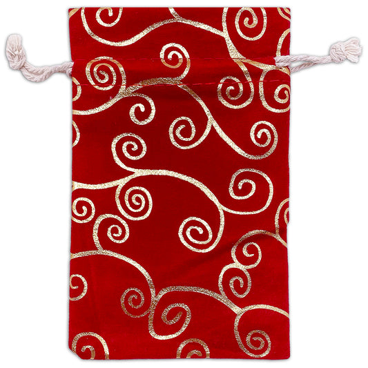 4" x 6" Red Velvet Gold Swirl Drawstring Gift Bags