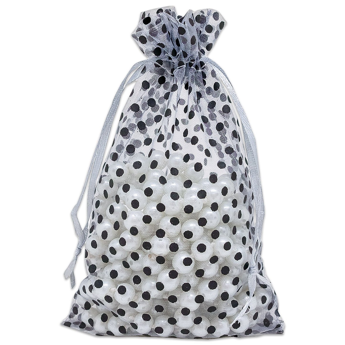 Silver with Black Polka Dot Organza Drawstring Pouch Gift Bags