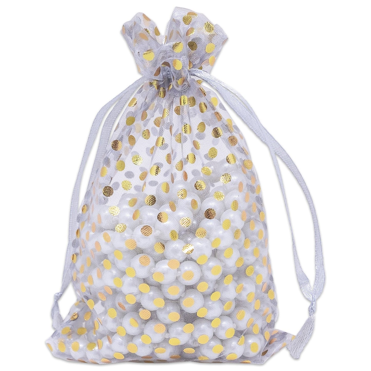 Silver with Gold Polka Dot Organza Drawstring Pouch Gift Bags