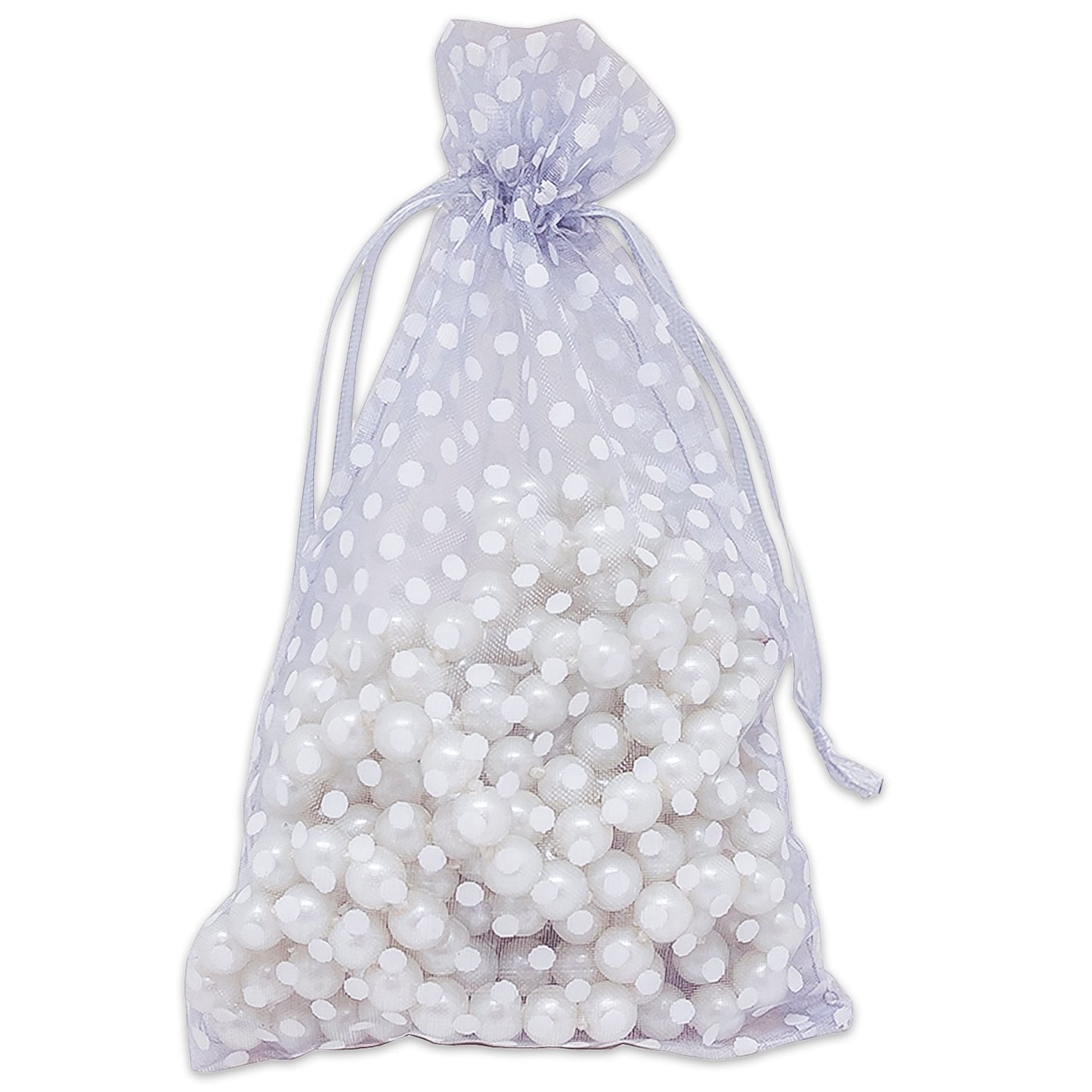 Silver with White Polka Dot Organza Drawstring Pouch Gift Bags