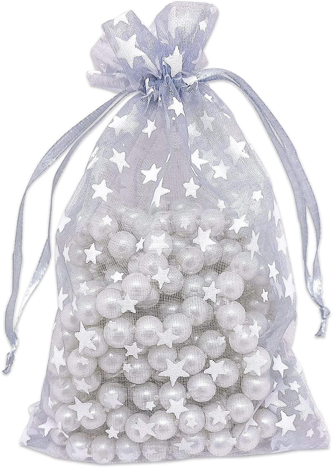 Silver with White Star Organza Drawstring Pouch Gift Bags
