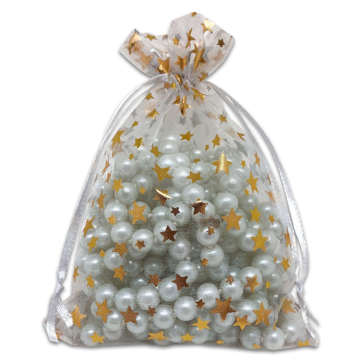 White with Gold Star Organza Drawstring Pouch Gift Bags