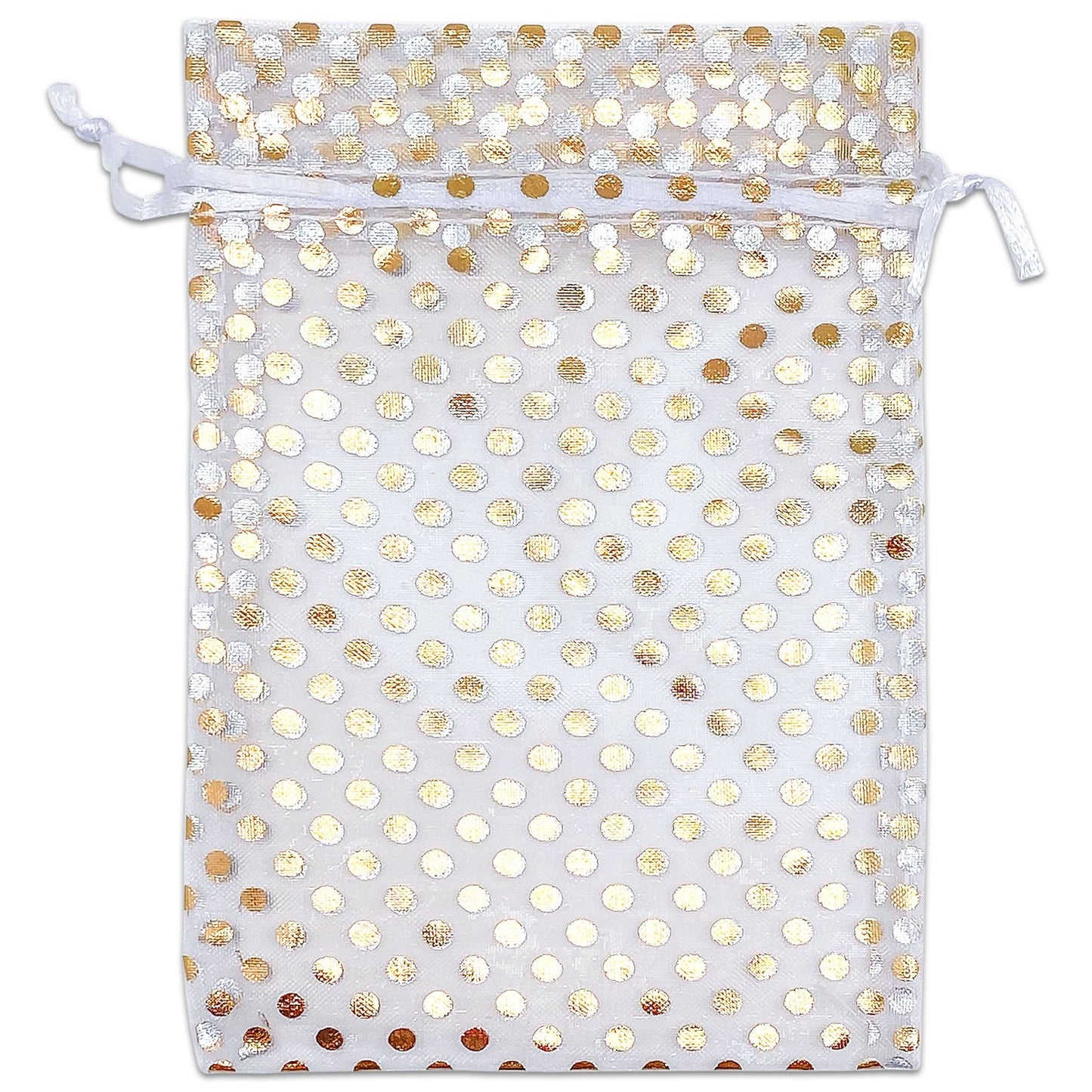 White with Gold Polka Dot Organza Drawstring Pouch Gift Bags