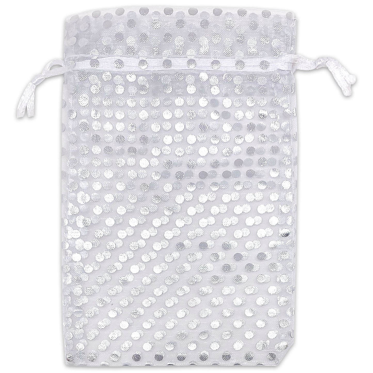 White with Silver Polka Dot Organza Drawstring Pouch Gift Bags