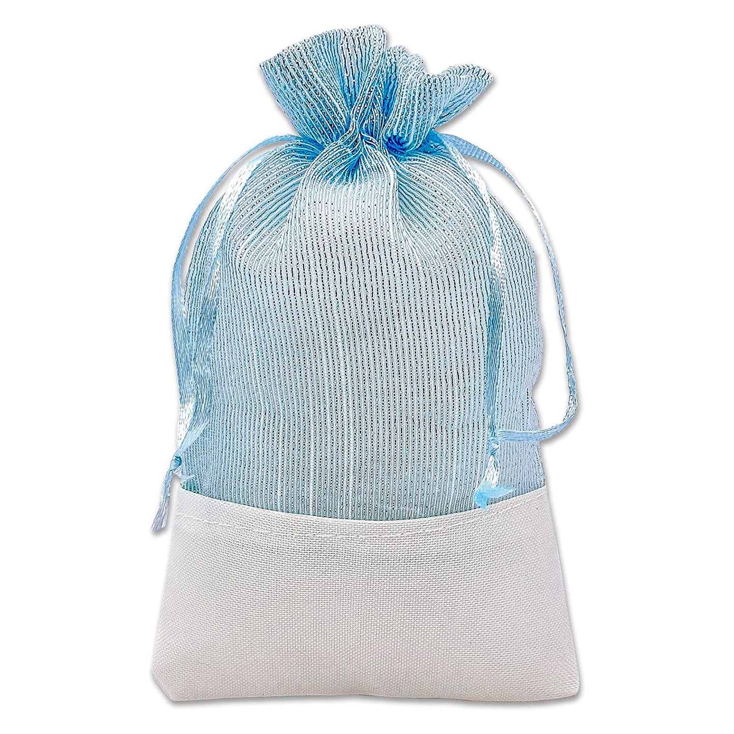 Light Blue Organza and White Linen Drawstring Pouch Gift Bags