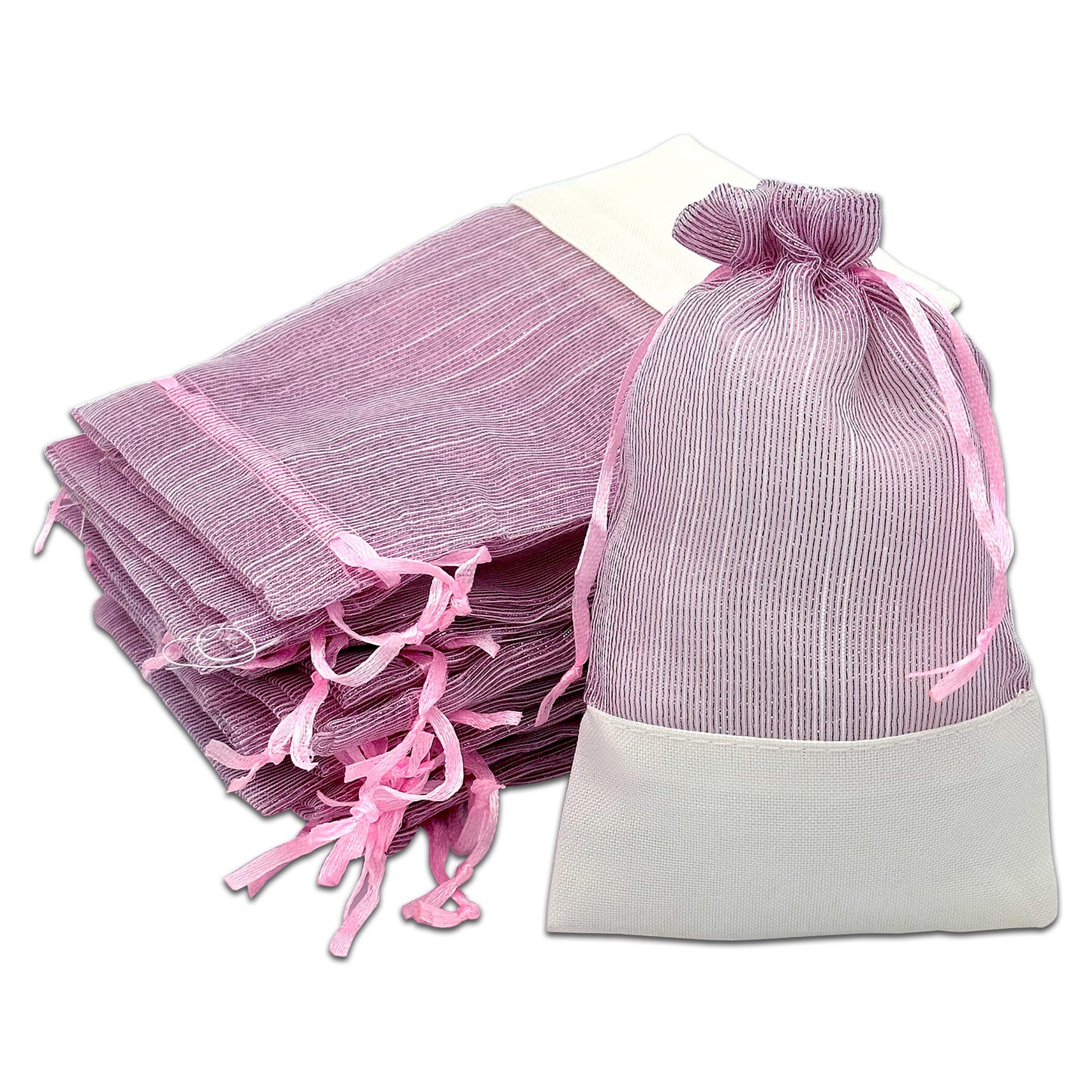 Pink Organza and White Linen Drawstring Pouch Gift Bags