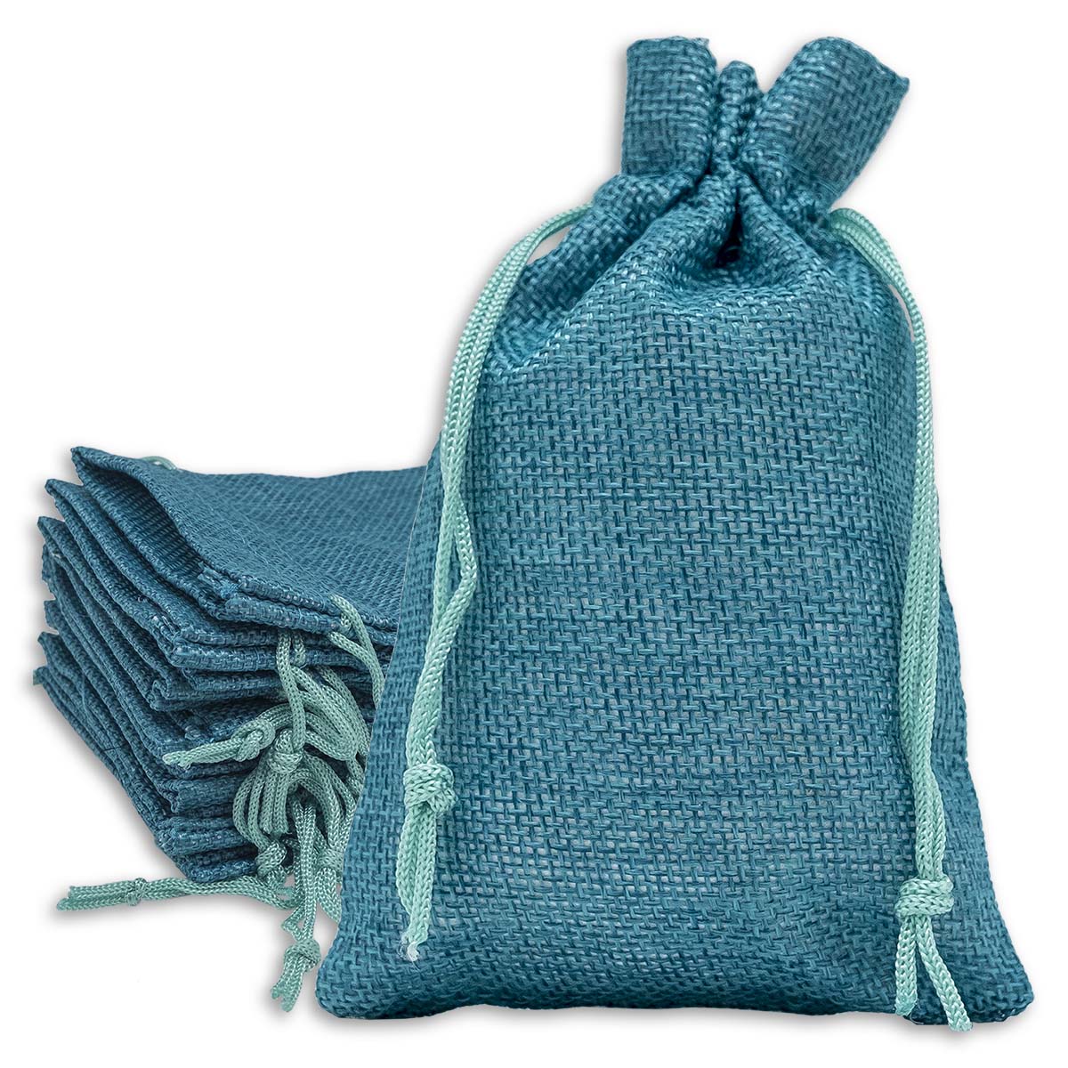 5 1/2" x 7 3/4" Teal Blue Linen Burlap Drawstring Gift Bags