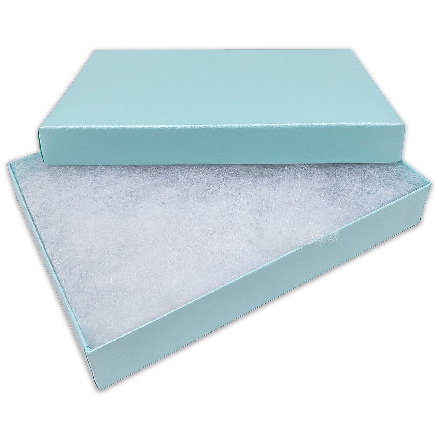 5 7/16" x 3 15/16" x 1" Light Pearl Teal Cotton Filled Paper Box