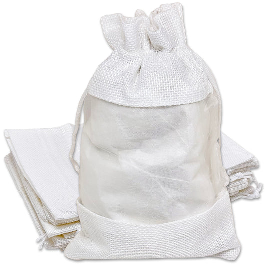 5" x 7" White Linen Burlap and Sheer Organza Gift Bag