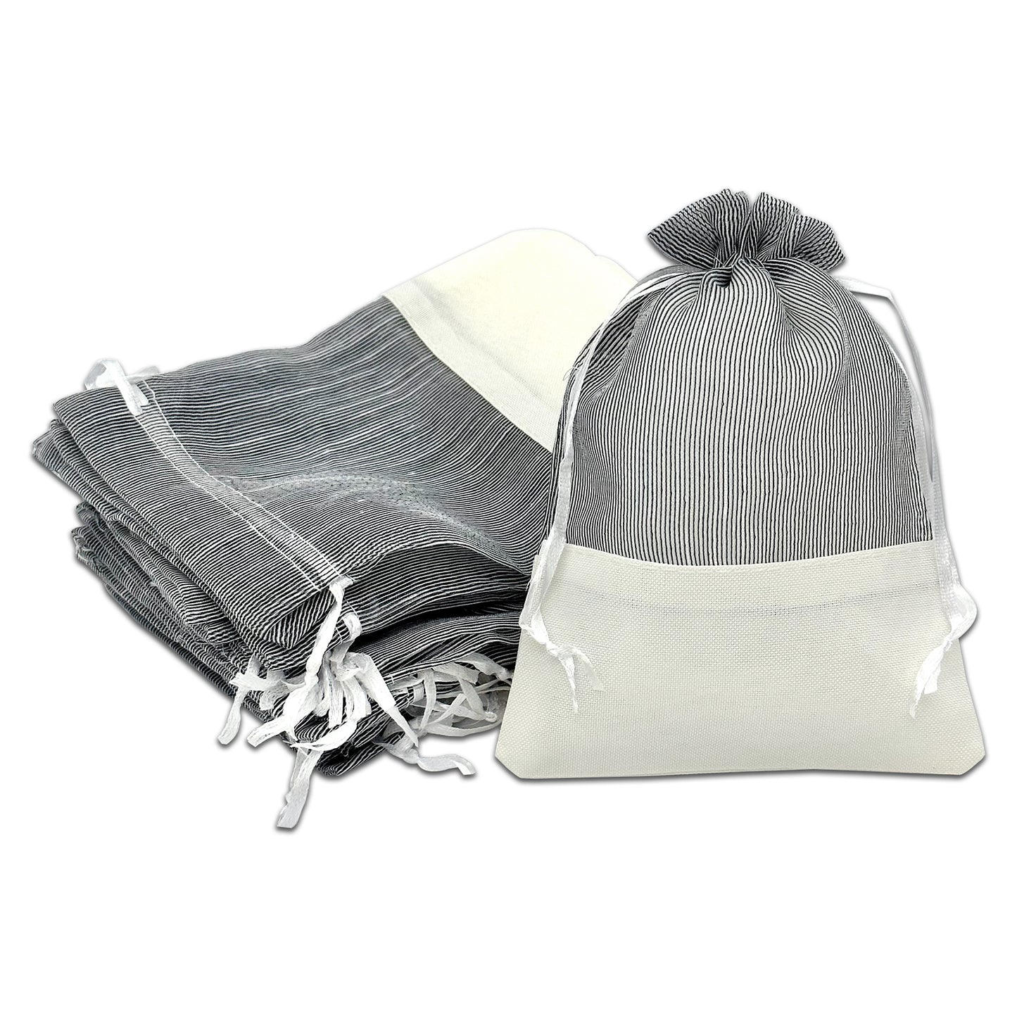 Black Organza and White Linen Drawstring Pouch Gift Bags