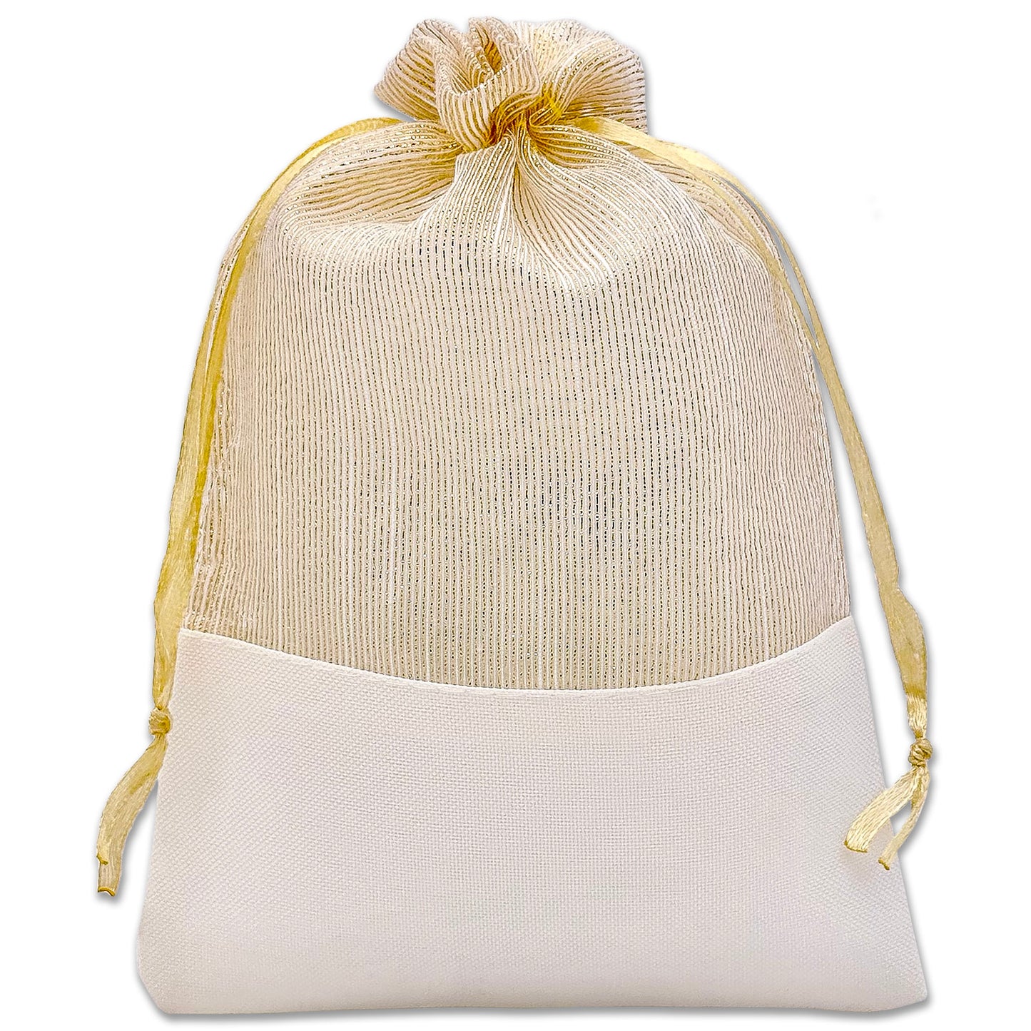 Gold Organza and White Linen Drawstring Pouch Gift Bags