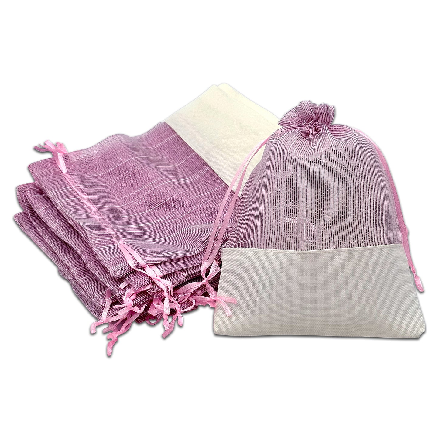 Pink Organza and White Linen Drawstring Pouch Gift Bags