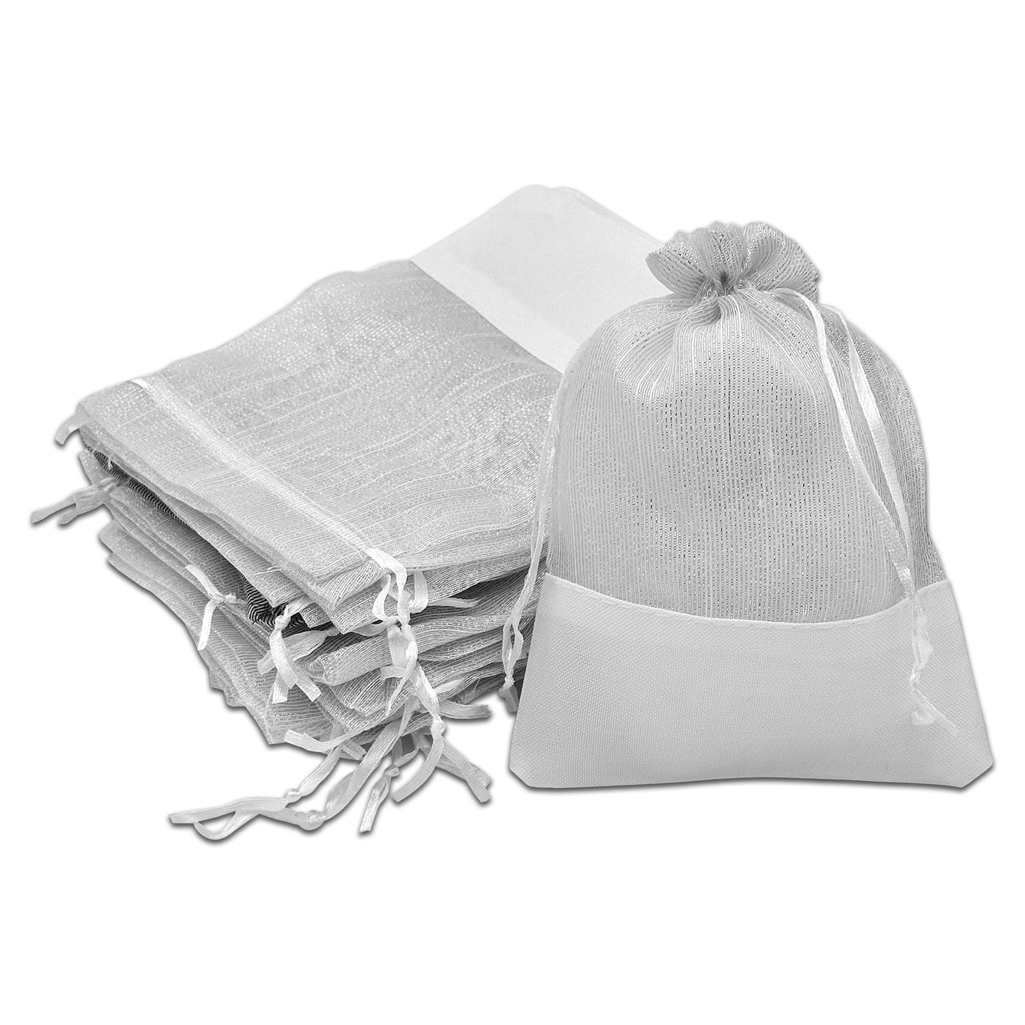 White Organza and Linen Drawstring Pouch Gift Bags