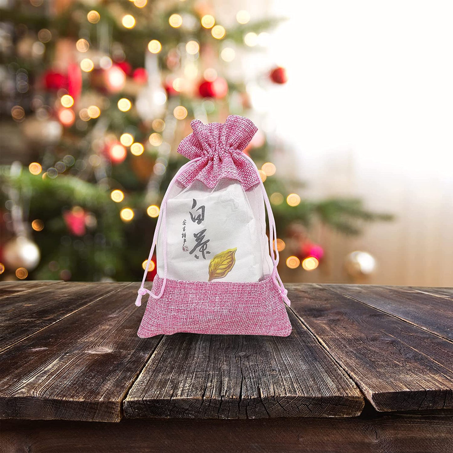 6 1/2" x 8 1/2" Linen Burlap and Sheer Organza Pink Gift Bag