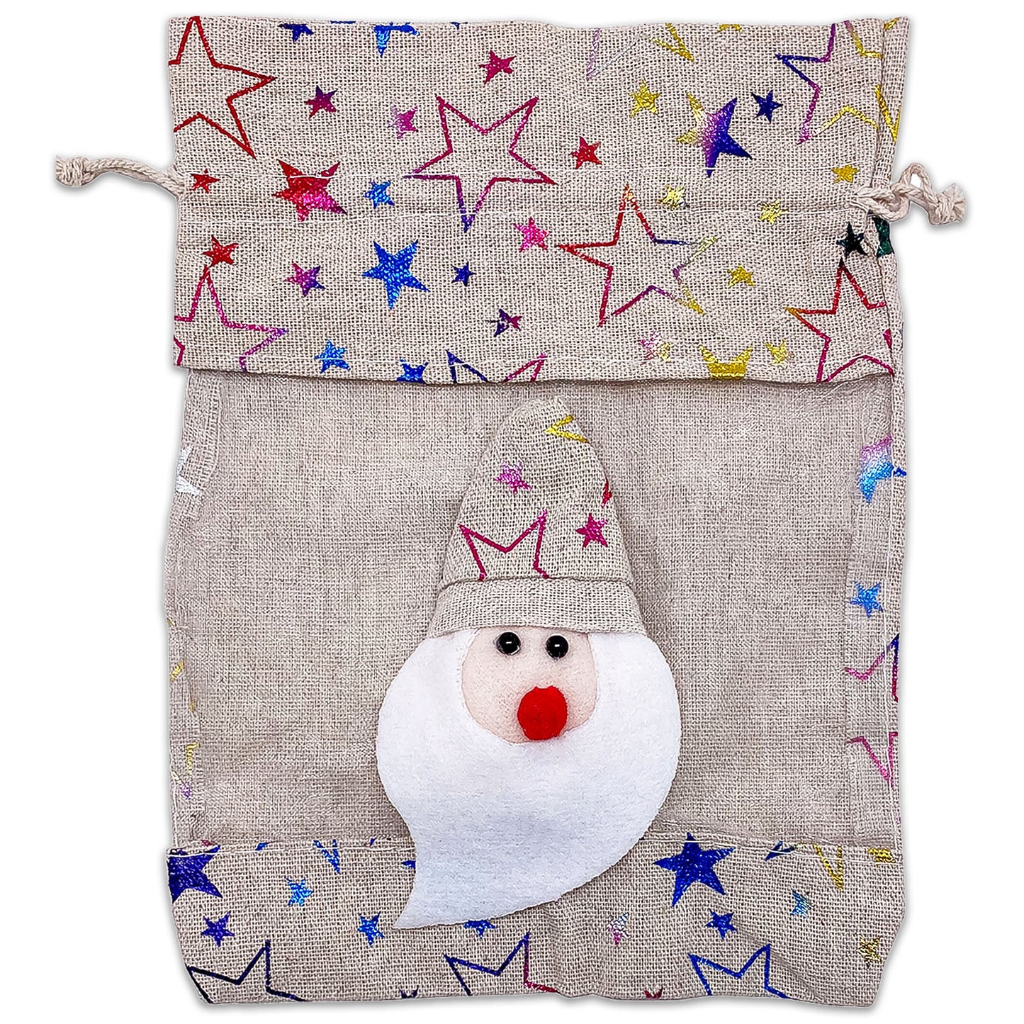 6 Pack of Cotton Muslin Santa Claus Rainbow Star Christmas Drawstring Gift Bags