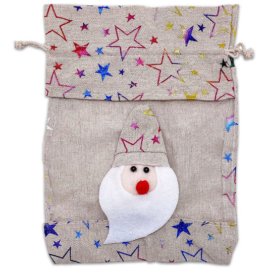 6 Pack of Cotton Muslin Santa Claus Rainbow Star Christmas Drawstring Gift Bags