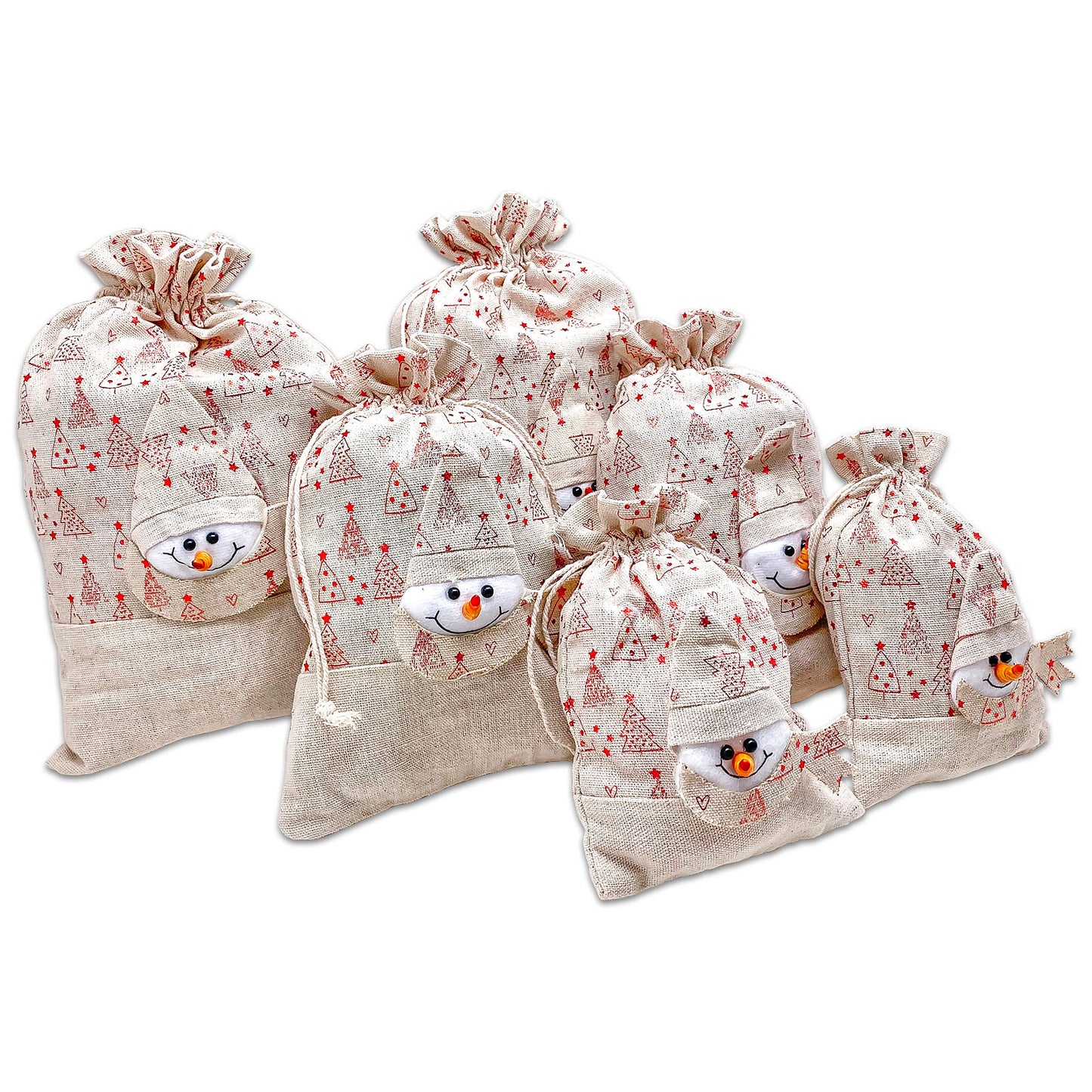 Cotton Muslin Snowman Christmas Tree Drawstring Gift Bags