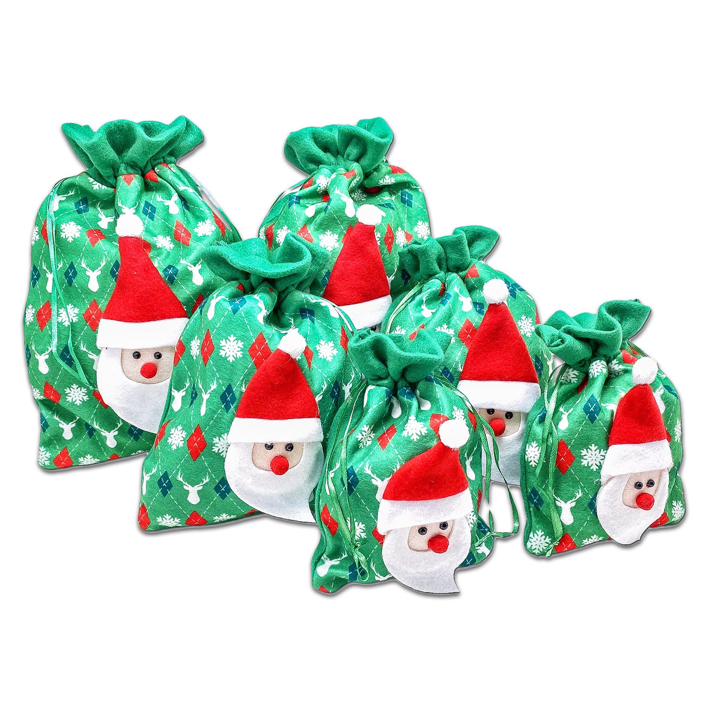 Satin and Velvet Green Santa Claus Christmas Drawstring Gift Bags