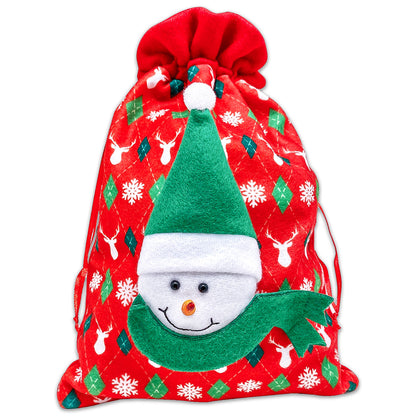 Satin and Velvet Snowman Christmas Drawstring Gift Bags