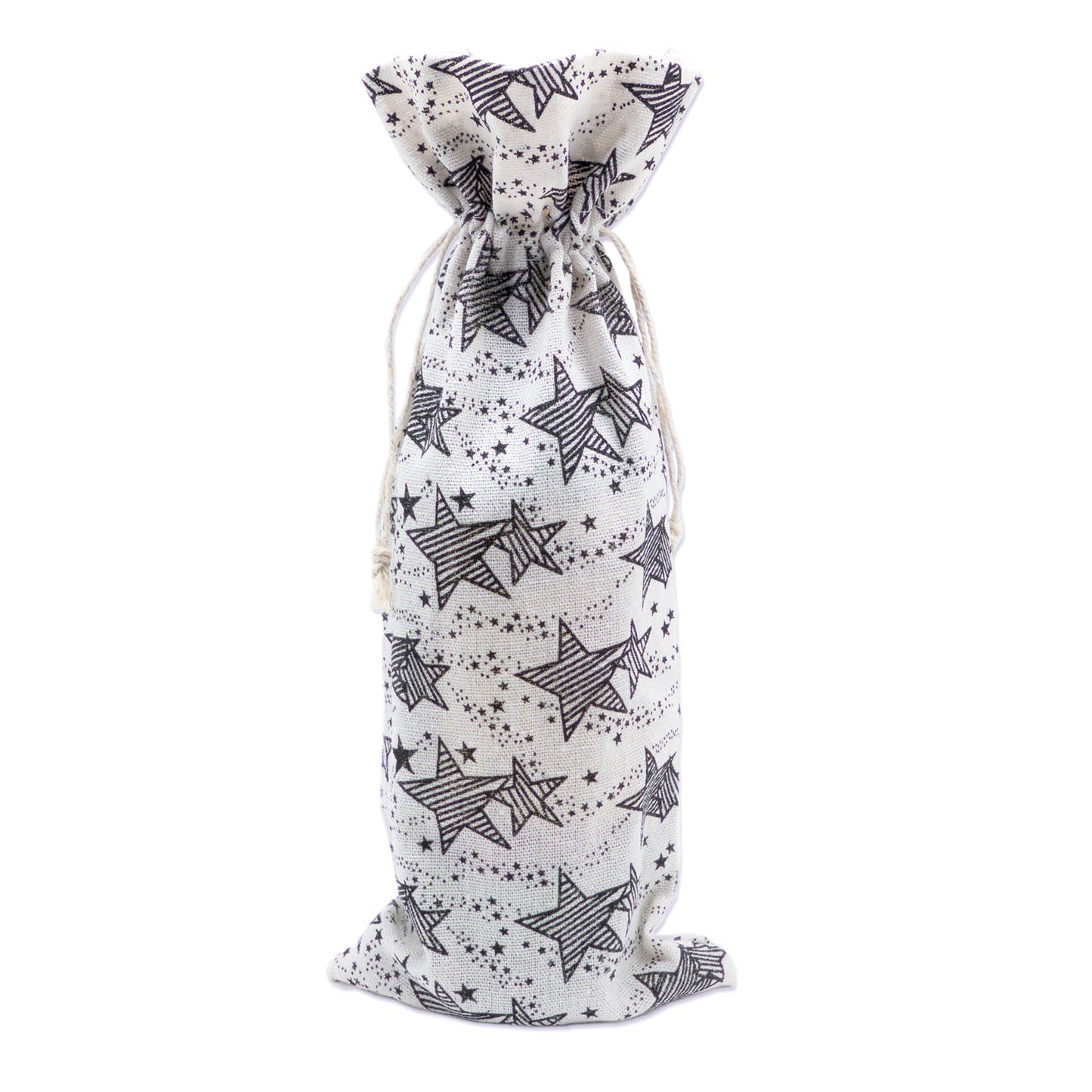 6" x 14" Cotton Muslin Black Star Wine Bottle Drawstring Gift Bags
