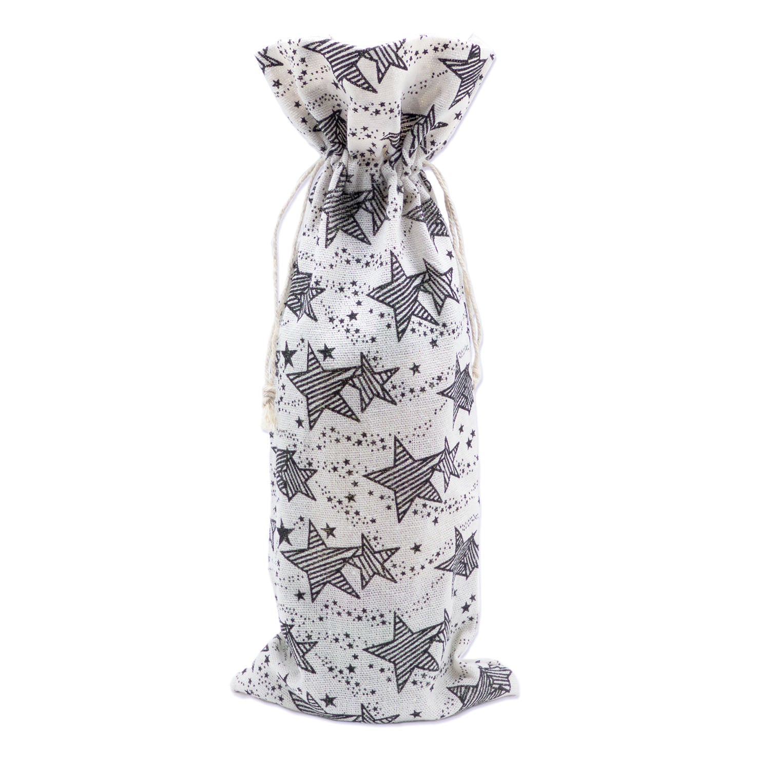 6" x 14" Cotton Muslin Black Star Wine Bottle Drawstring Gift Bags