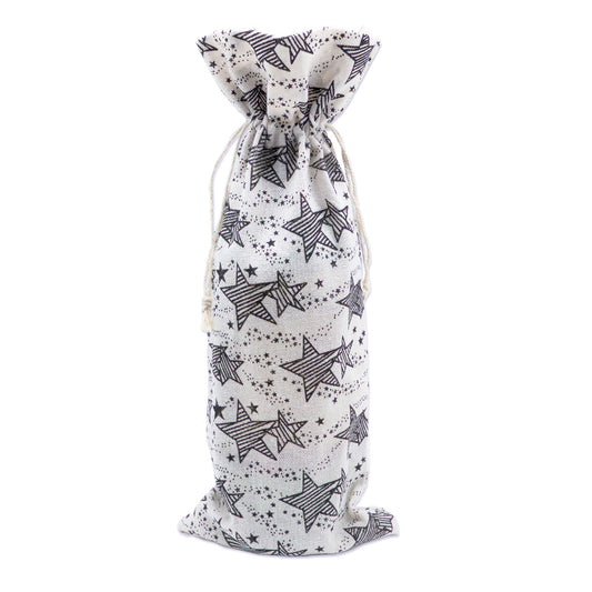 6" x 14" Cotton Muslin Black Star Wine Bottle Drawstring Gift Bags