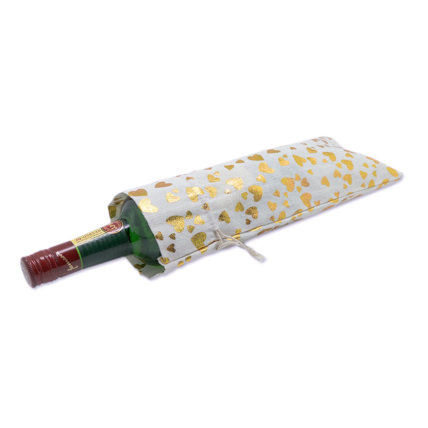 6" x 14" Cotton Muslin Gold Heart Wine Bottle Drawstring Gift Bags