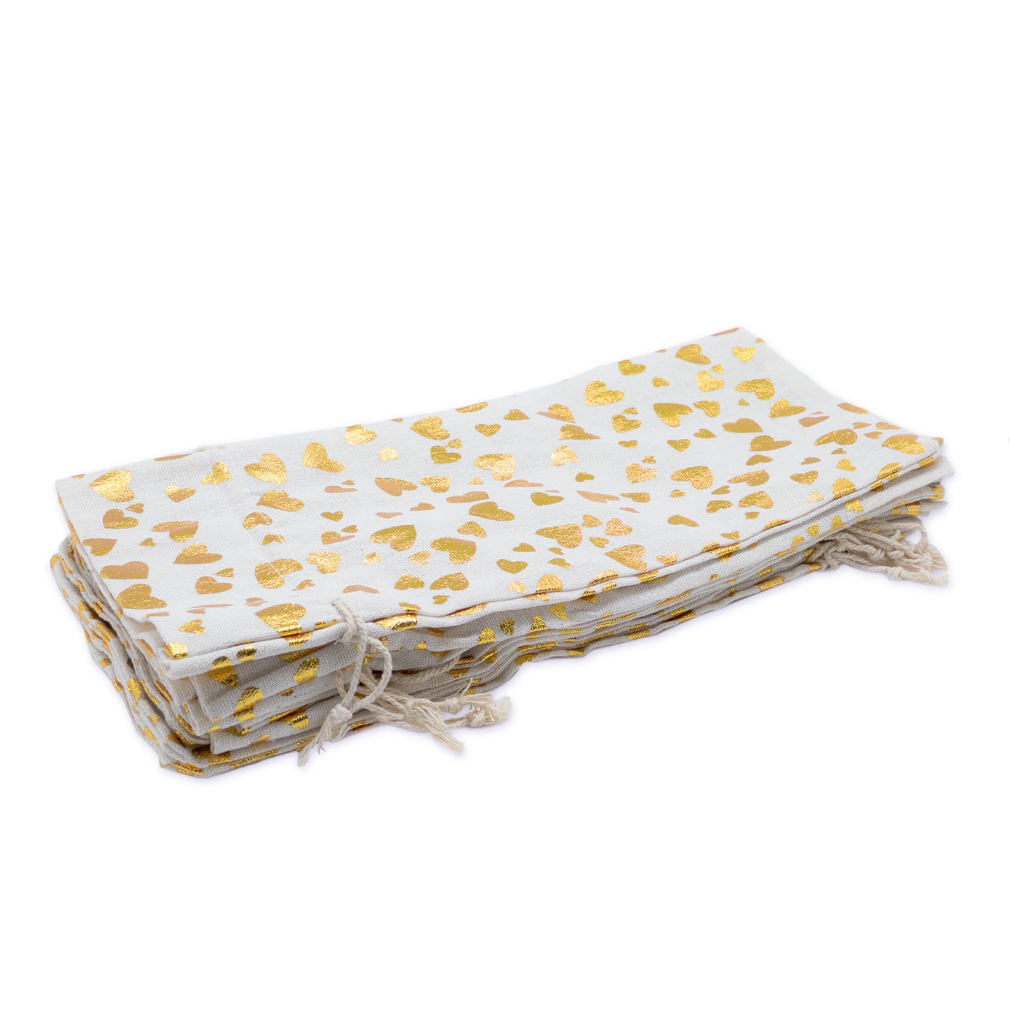 6" x 14" Cotton Muslin Gold Heart Wine Bottle Drawstring Gift Bags