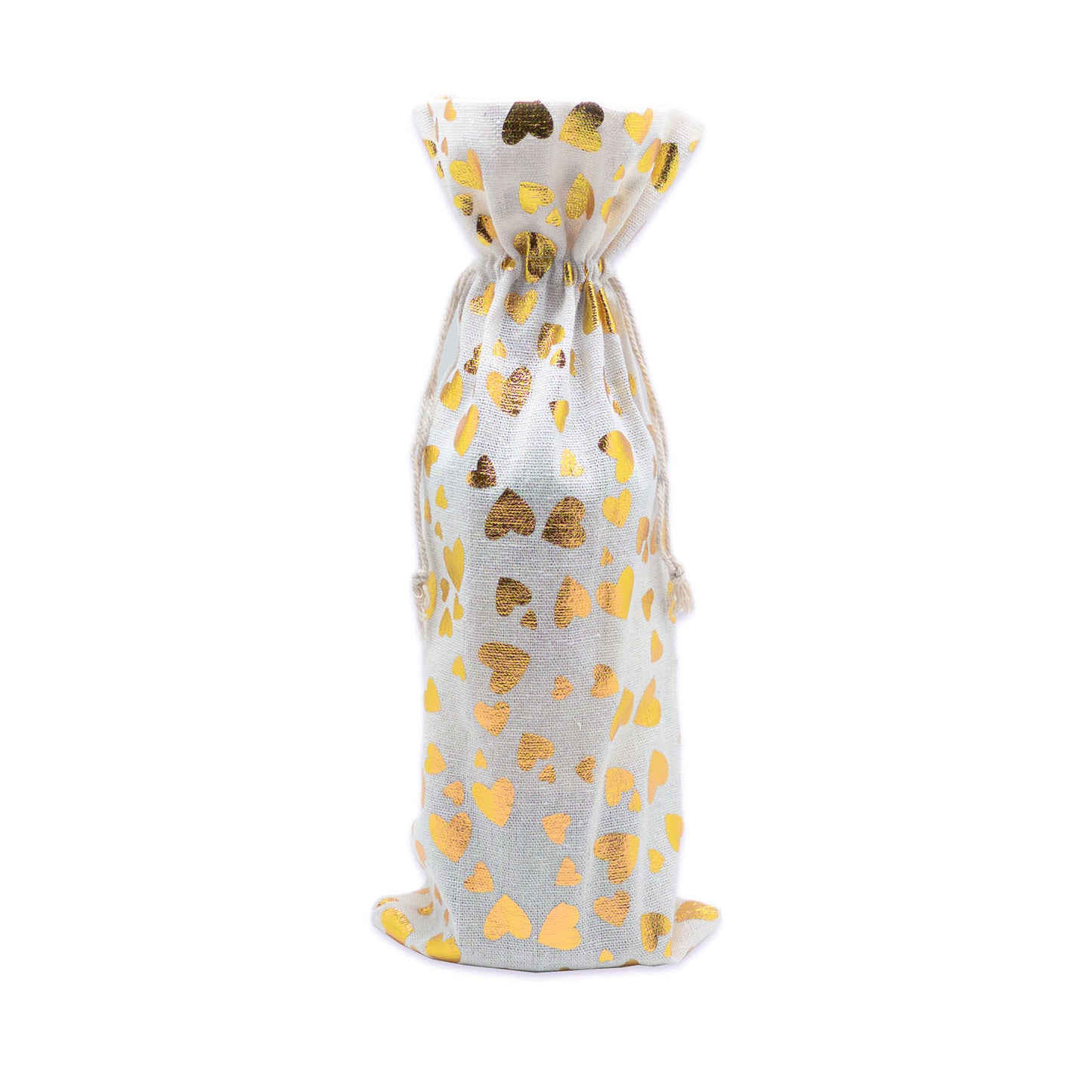 6" x 14" Cotton Muslin Gold Heart Wine Bottle Drawstring Gift Bags