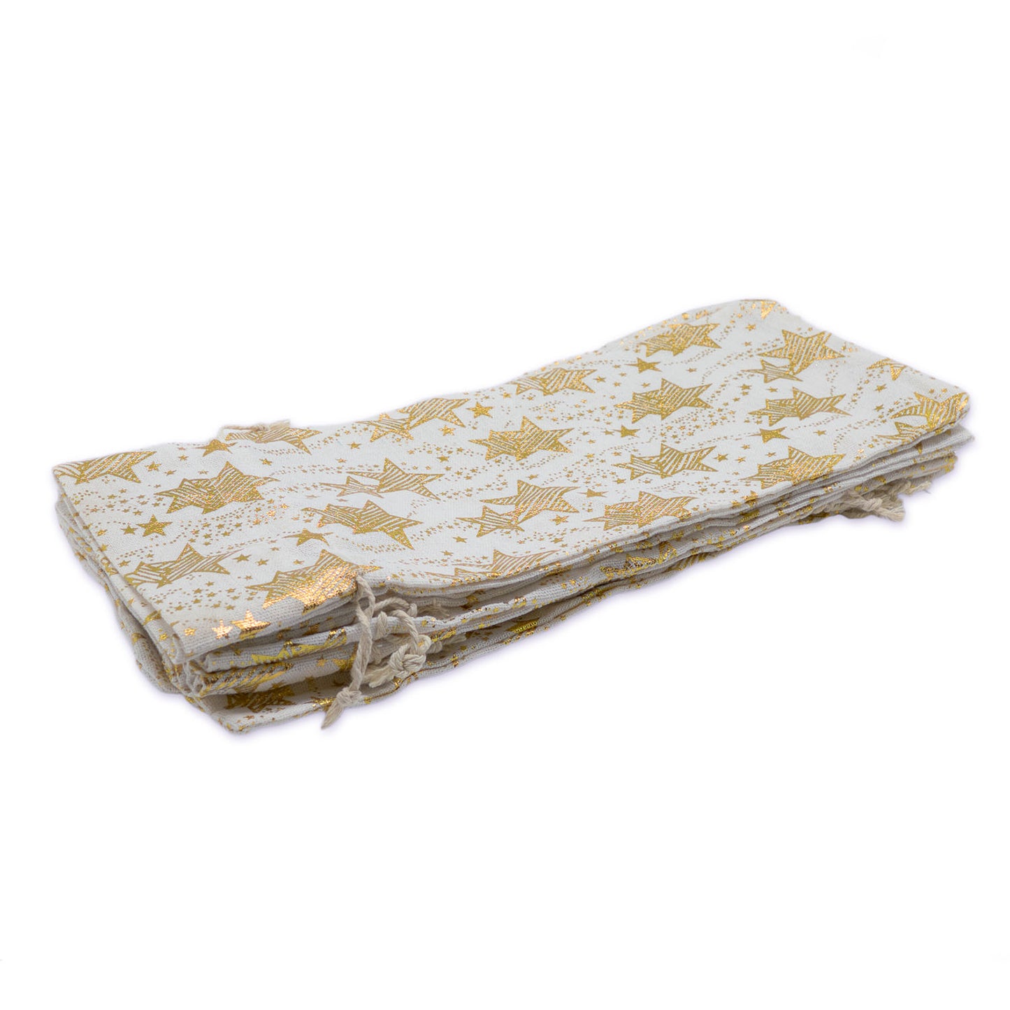 6" x 14" Cotton Muslin Gold Star Wine Bottle Drawstring Gift Bags