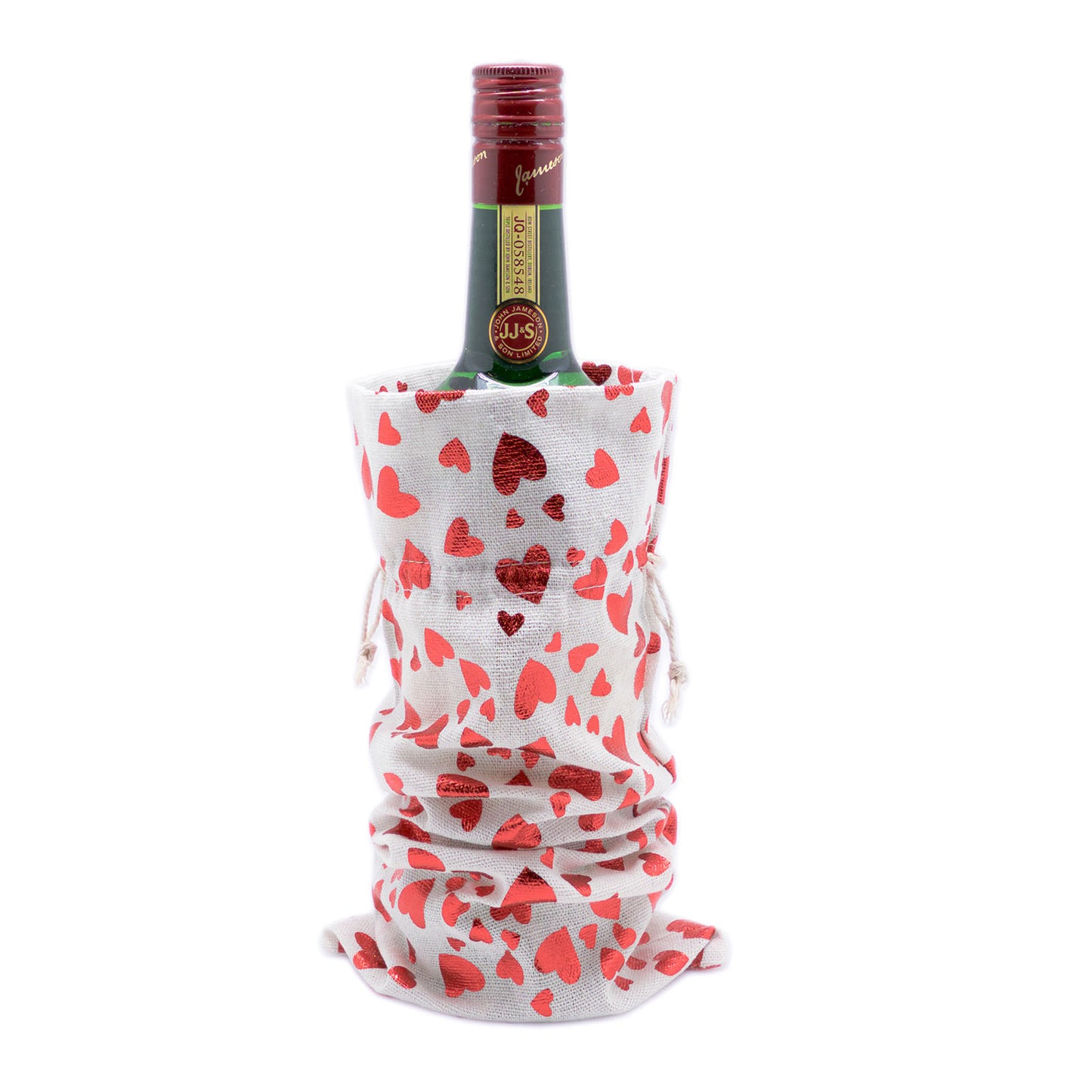 6" x 14" Cotton Muslin Red Heart Wine Bottle Drawstring Gift Bags